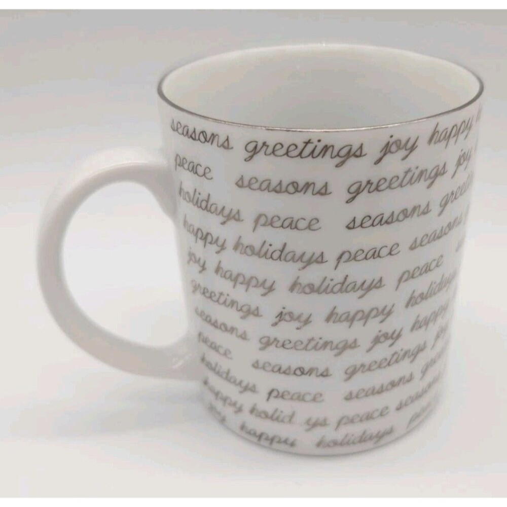 Crate& Barrel Script Mug 8 Oz Holiday Christmas Seasons Greetings Joy Peace